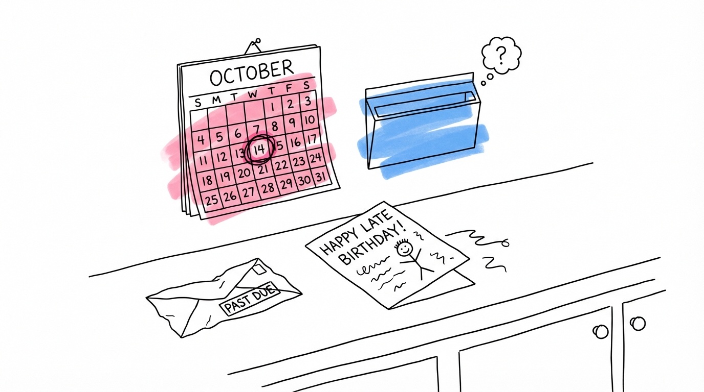 Köksbänk med färdigt kort, kalender och brevlåda — missad deadline för bröllopstelegram