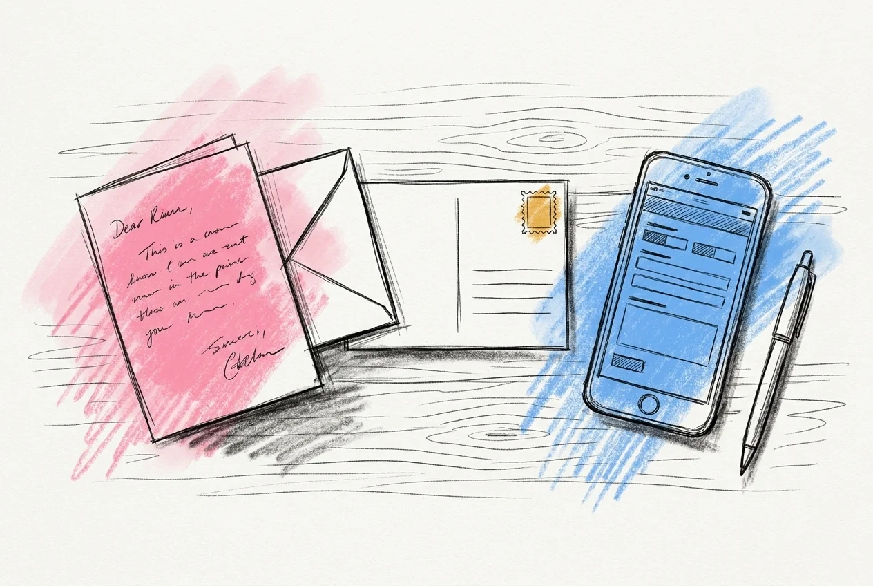 Flat-lay med handskrivet kort, postkort och telefon med PostNord postogram — olika sätt att skicka bröllopstelegram