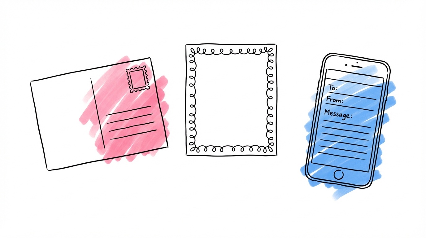Flat-lay med handskrivet kort, postkort och telefon med digitalt formulär — olika sätt att skicka bröllopstelegram