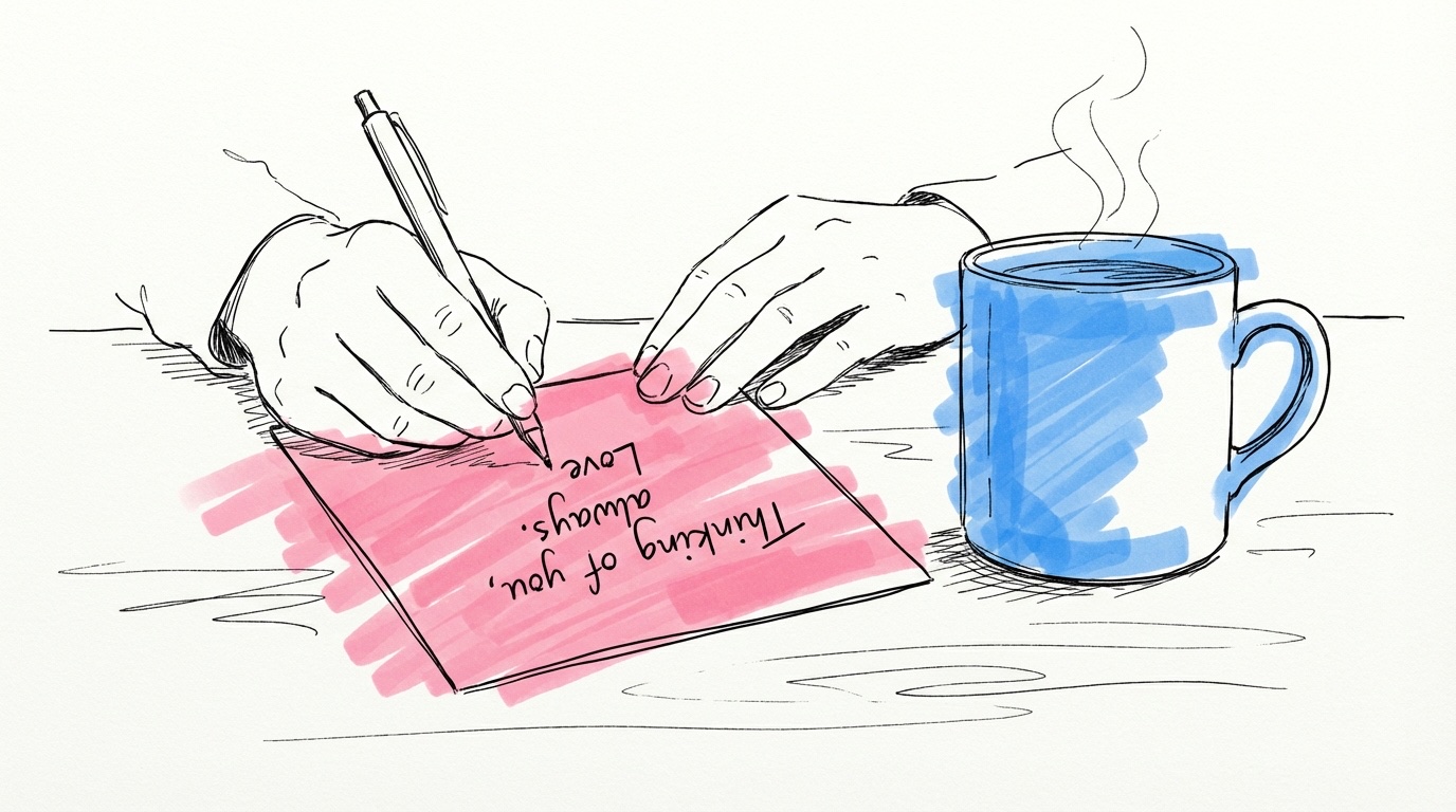 Händer som skriver ett personligt bröllopstelegram vid ett köksbord med kaffekopp