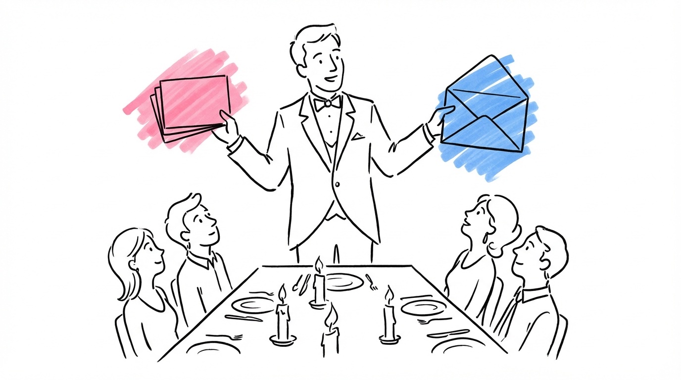 Toastmaster vid bröllopsbord med kort och kuvert i handen, gäster som lyssnar uppmärksamt