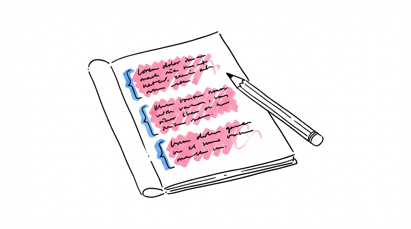 Öppen anteckningsbok med kort handskriven text uppdelad i tre sektioner med marginalanteckningar