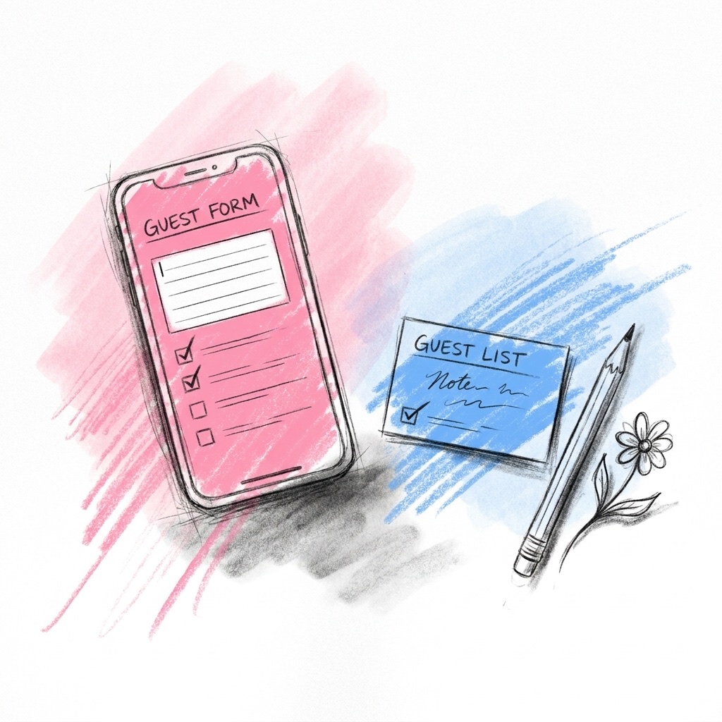 En mobil med ett OSA-formulär med ett öppet textfält och en gästlista med anteckning, ritat i Lovios rosa och blå skissstil