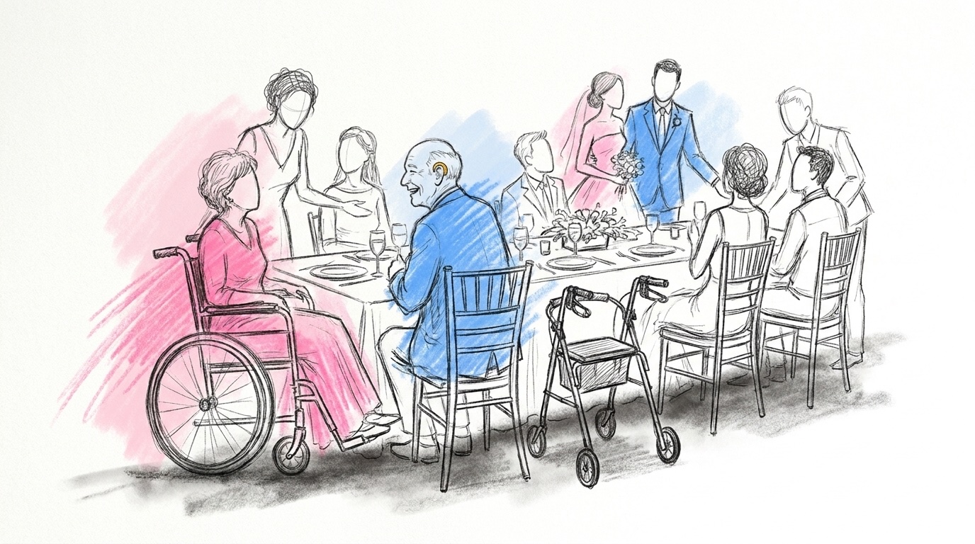 Tillgängligt bröllop: gäster vid ett långbord, bland dem en kvinna i rullstol och en äldre man med hörapparat som skrattar, ritat i Lovios rosa och blå skissstil