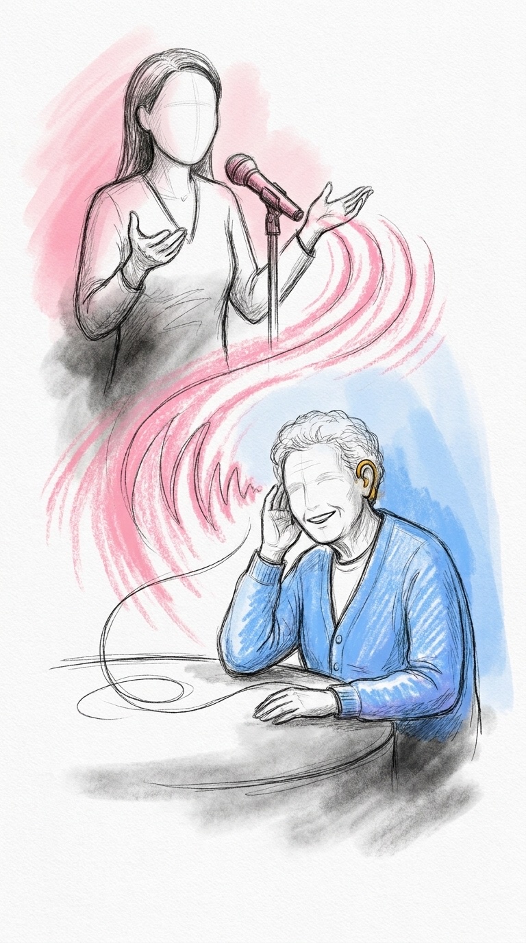 En talare med mikrofon och en äldre gäst med hörapparat som lyssnar och ler, ritat i Lovios rosa och blå skissstil
