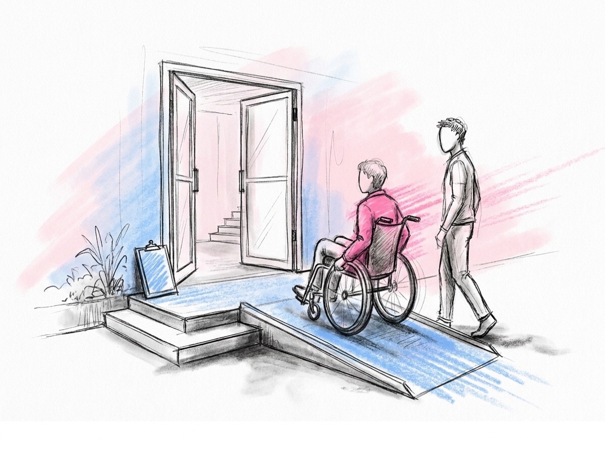 Entré med ramp bredvid trappsteg och breda dörrar där en gäst i rullstol rullar in, ritat i Lovios rosa och blå skissstil
