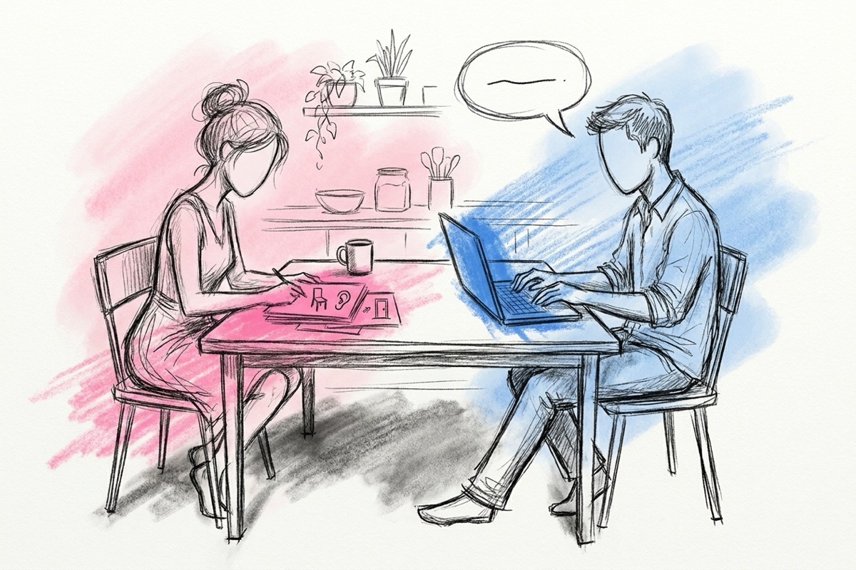 Ett par vid ett bord med en laptop och inbjudningskort funderar på hur de ska fråga gästerna, ritat i Lovios rosa och blå skissstil