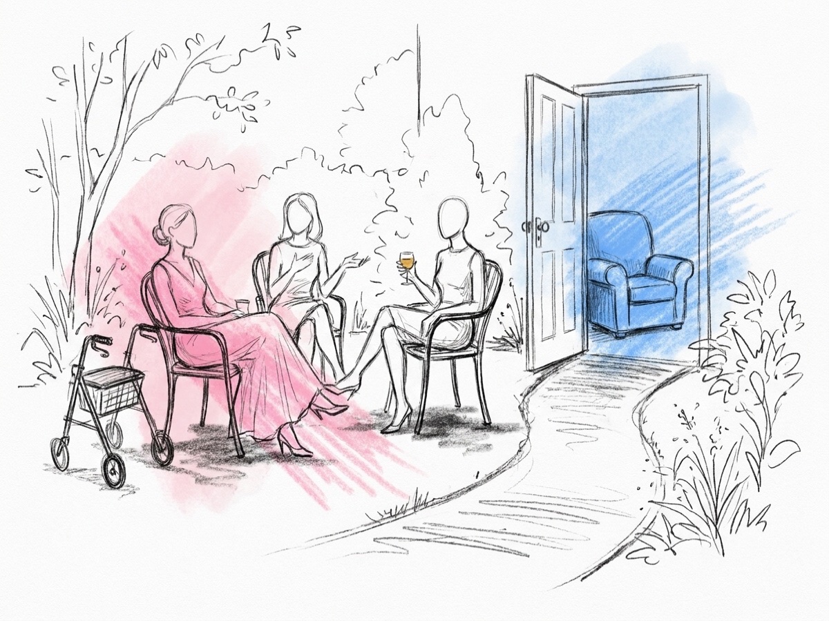 Gäster som sitter och minglar med dryck, en rollator bredvid en stol och ett lugnt sidorum i bakgrunden, ritat i Lovios rosa och blå skissstil