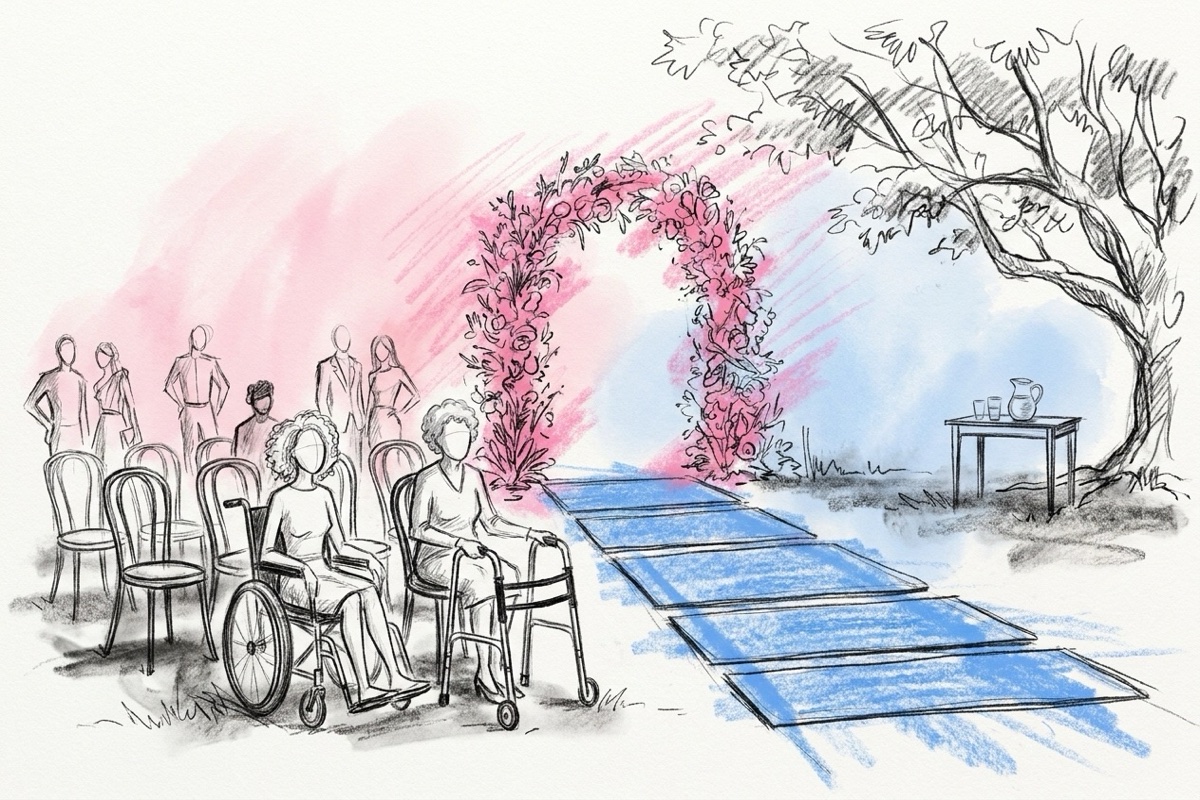 Utomhusvigsel på en gräsmatta med plan gångväg, där en gäst i rullstol och en med rollator sitter vid mittgången, ritat i Lovios rosa och blå skissstil