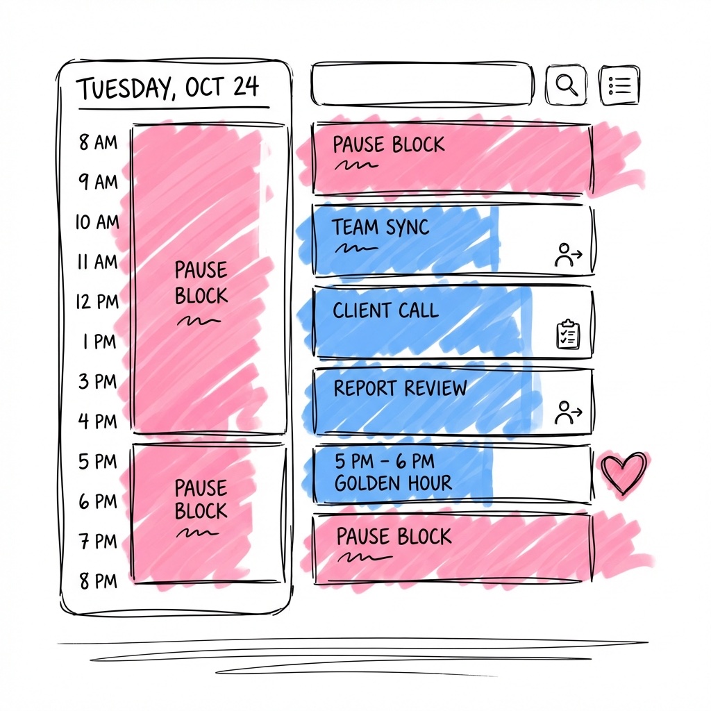 Digital planeringsvy med dagschema, markerade pausblock och delegeringsikoner