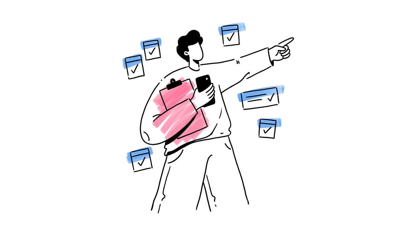 Person med clipboard och telefon som pekar i olika riktningar med uppgiftskort runtomkring