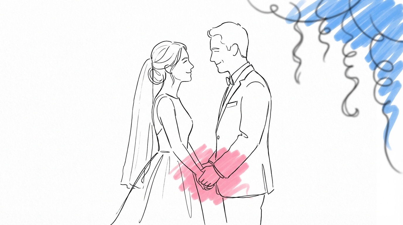 Brudpar som står tillsammans i ett lugnt ögonblick, håller händer och ler mot varandra