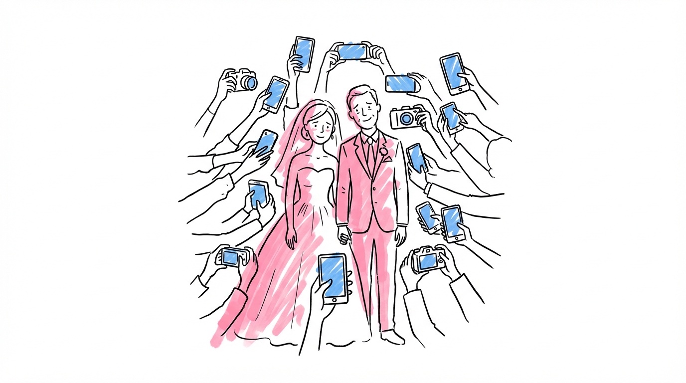 Brudpar omgivet av händer som vill ha uppmärksamhet, kameror och telefoner