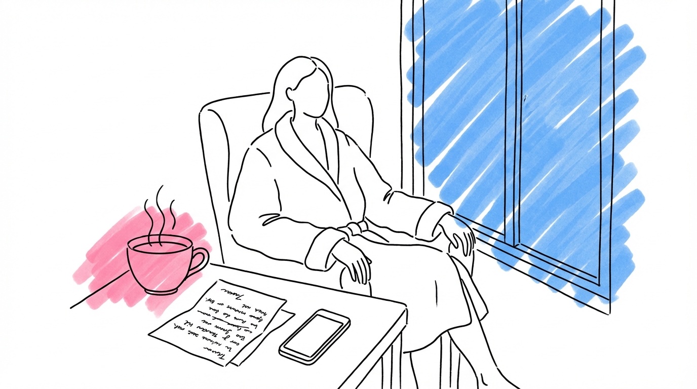 Person vid ett fönster med kaffekopp och handskrivet brev, mjukt morgonljus, telefon nedvänd på bordet