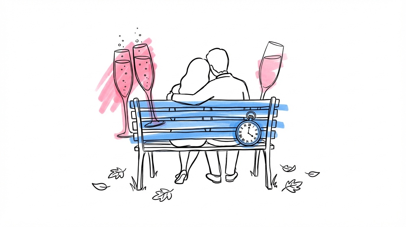 Par som sitter ensamma på en bänk i en trädgård med champagneglas bredvid sig