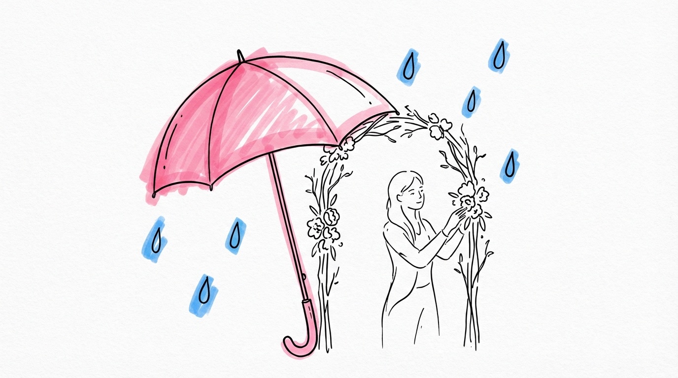 Öppet paraply bredvid en bröllopsuppställning med regndroppar, en person som lugnt justerar dekorationer