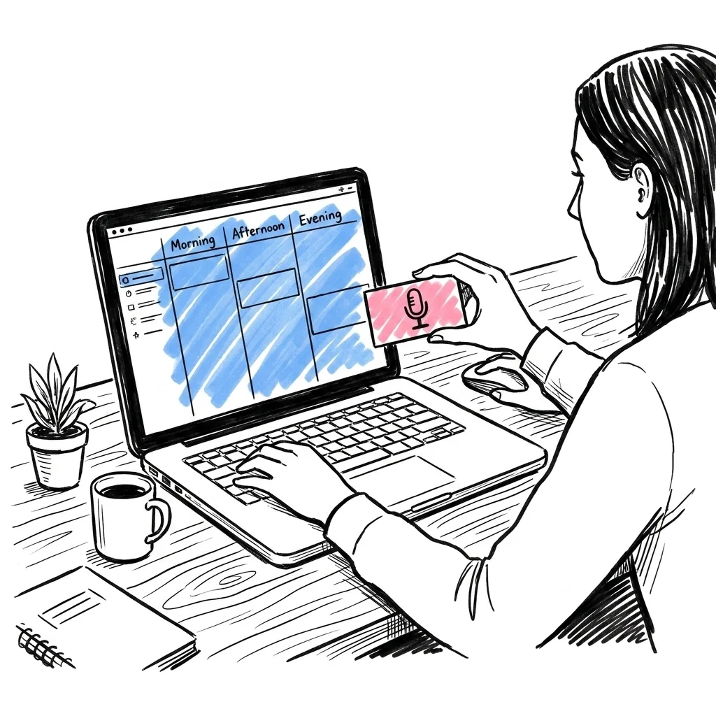 Person vid laptop med digital tidslinje på skärmen, drar ett block med mikrofonikon in i schemat, annan person pekar på skärmen