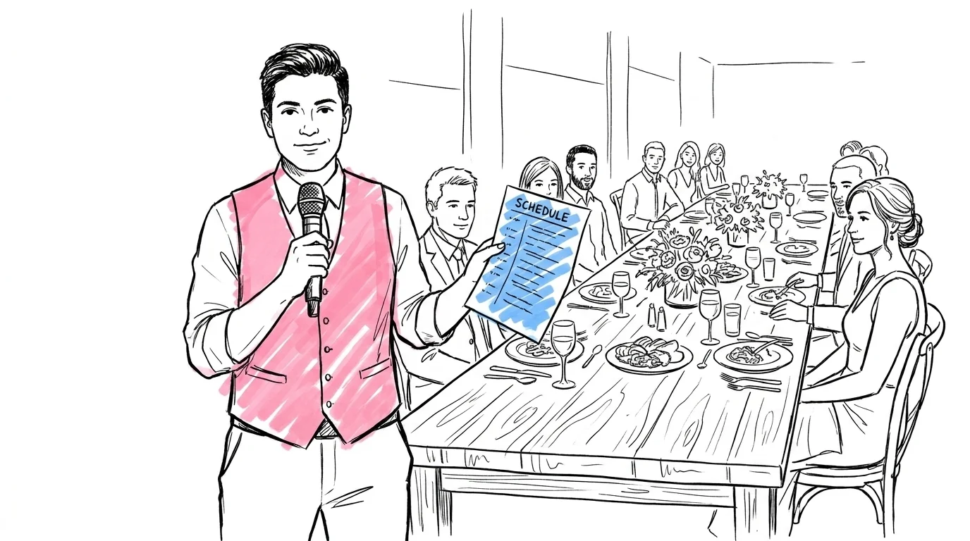 Person med mikrofon och utskrivet körschema vid ett festdukat långbord, sittande gäster i bakgrunden