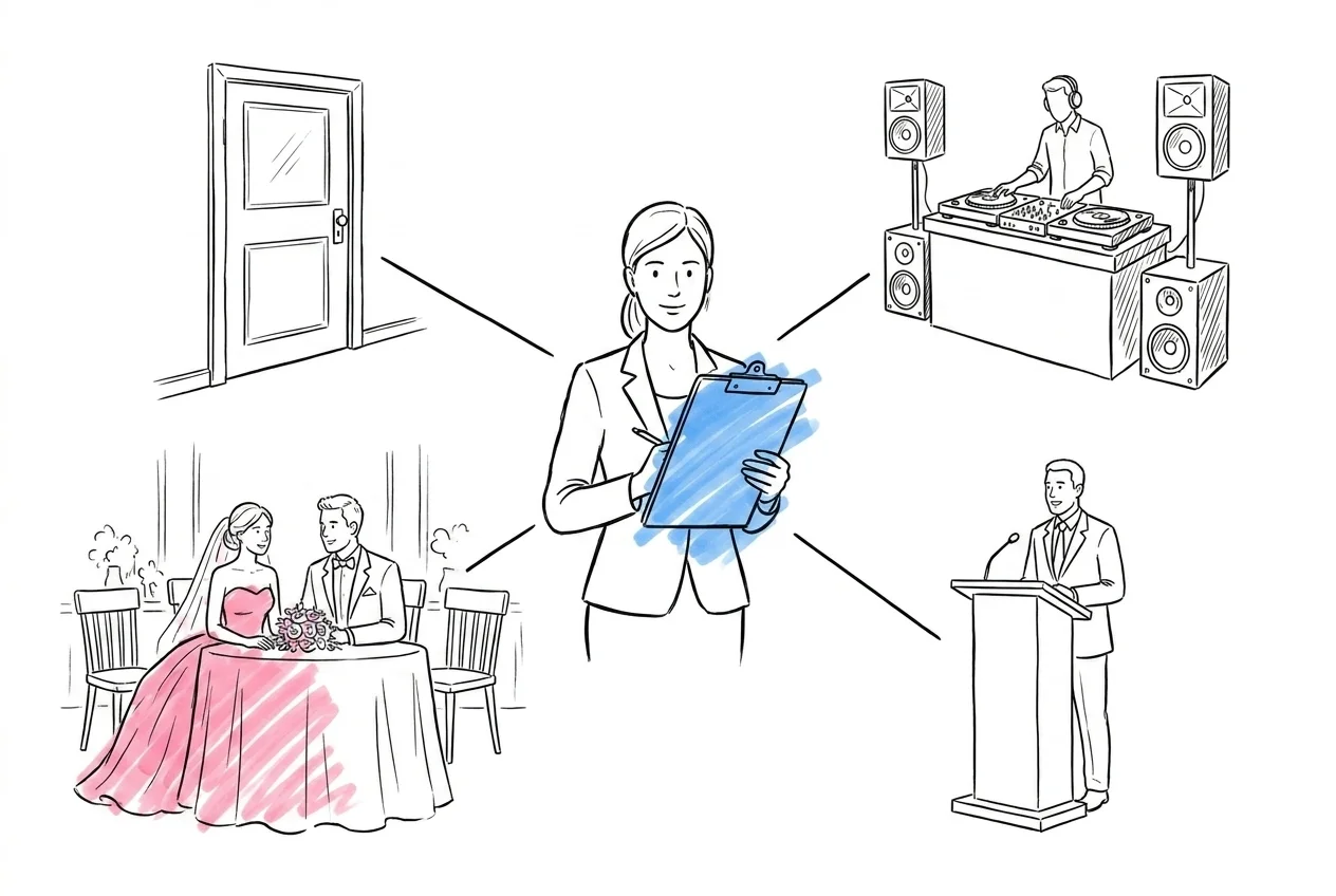 Person i centrum med linjer till kök, DJ-bås, brudpar vid honnörsbord och talare vid podium — visuell metafor för koordinatorsrollen