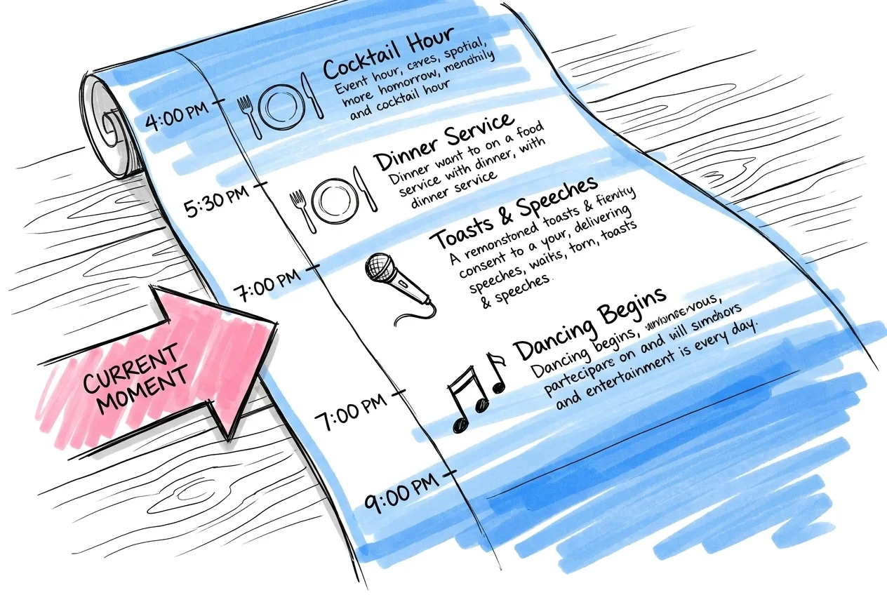 Handskriven tidslinje på ett långt papper med tidsmarkeringar, små ikoner för tallrikar, mikrofoner och musiknoter