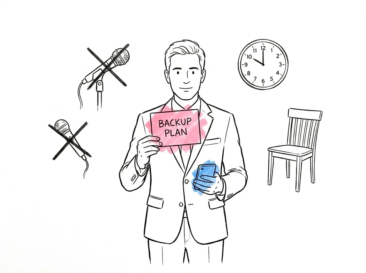 Toastmaster som står lugnt med ett backup-kort i ena handen och en telefon i den andra, små vinjetter runtom med död mikrofon, klocka som visar sen tid och tom stol