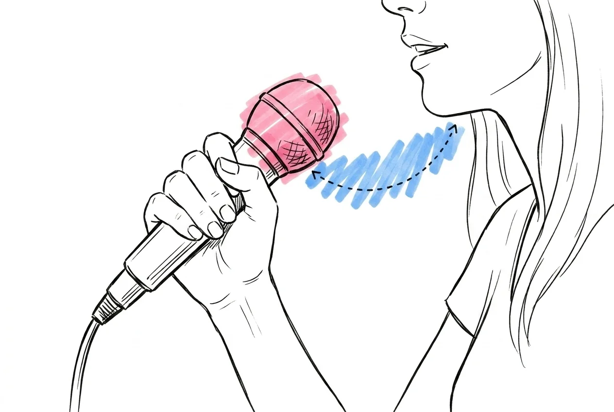 Närbild av hand som håller mikrofon på korrekt avstånd från hakan, prickad båge visar 10–15 cm, andra handen gestikulerar fritt