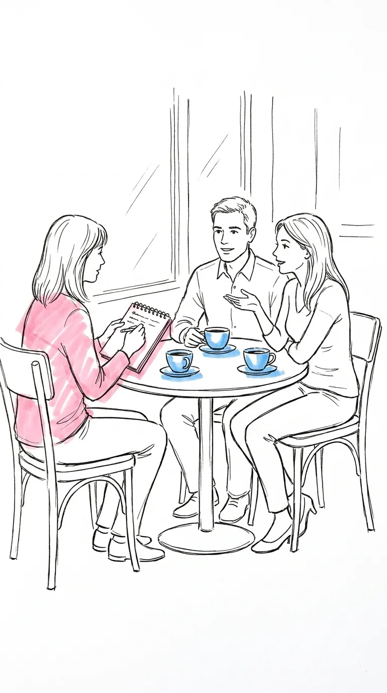 Tre personer vid ett litet cafébord med kaffekoppar, en antecknar i en notebook medan paret mittemot gestikulerar och pratar