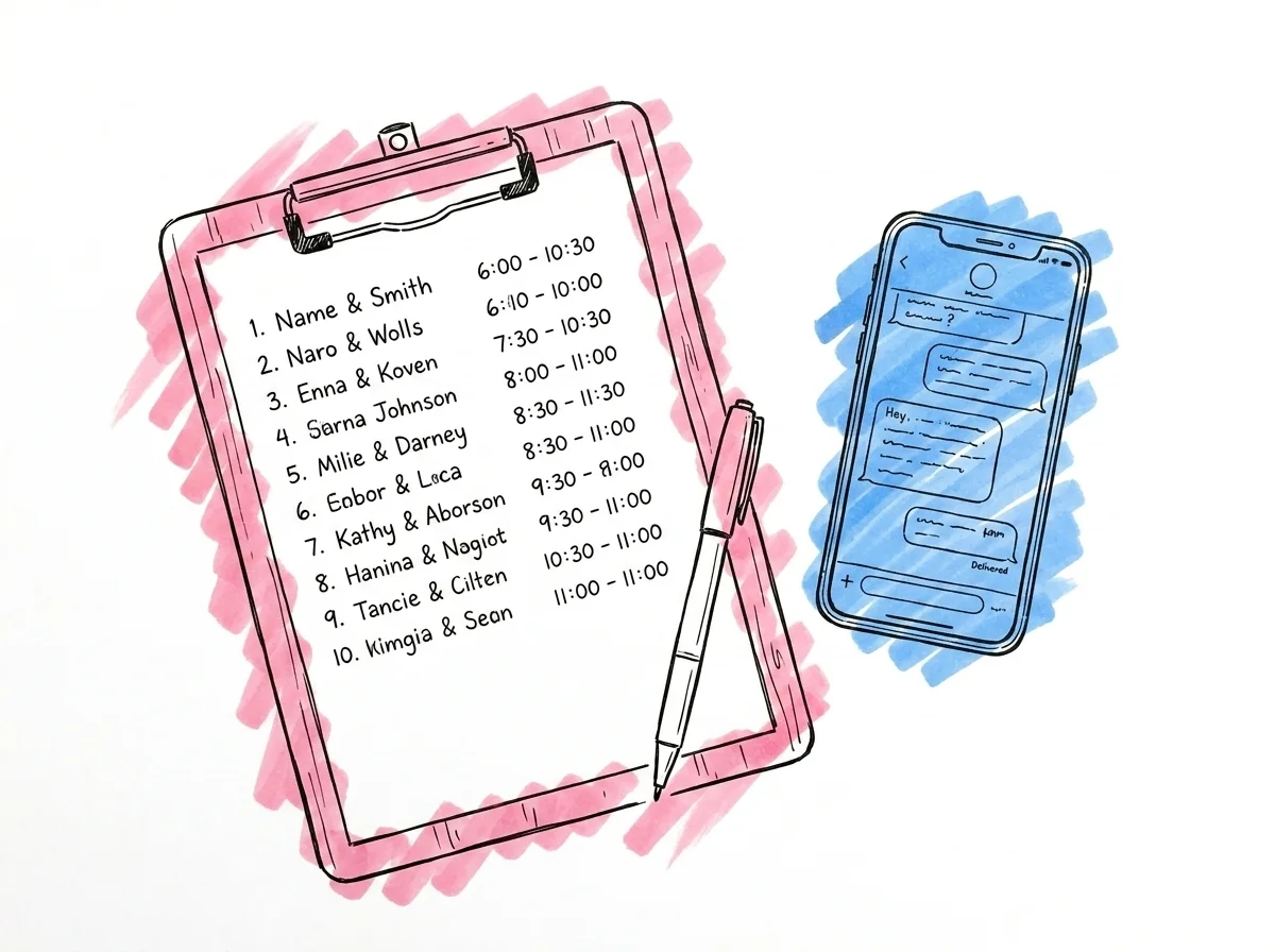 Klippbräda med numrerad lista av namn och tider, en telefon bredvid som visar en textkonversation, penna på papperet