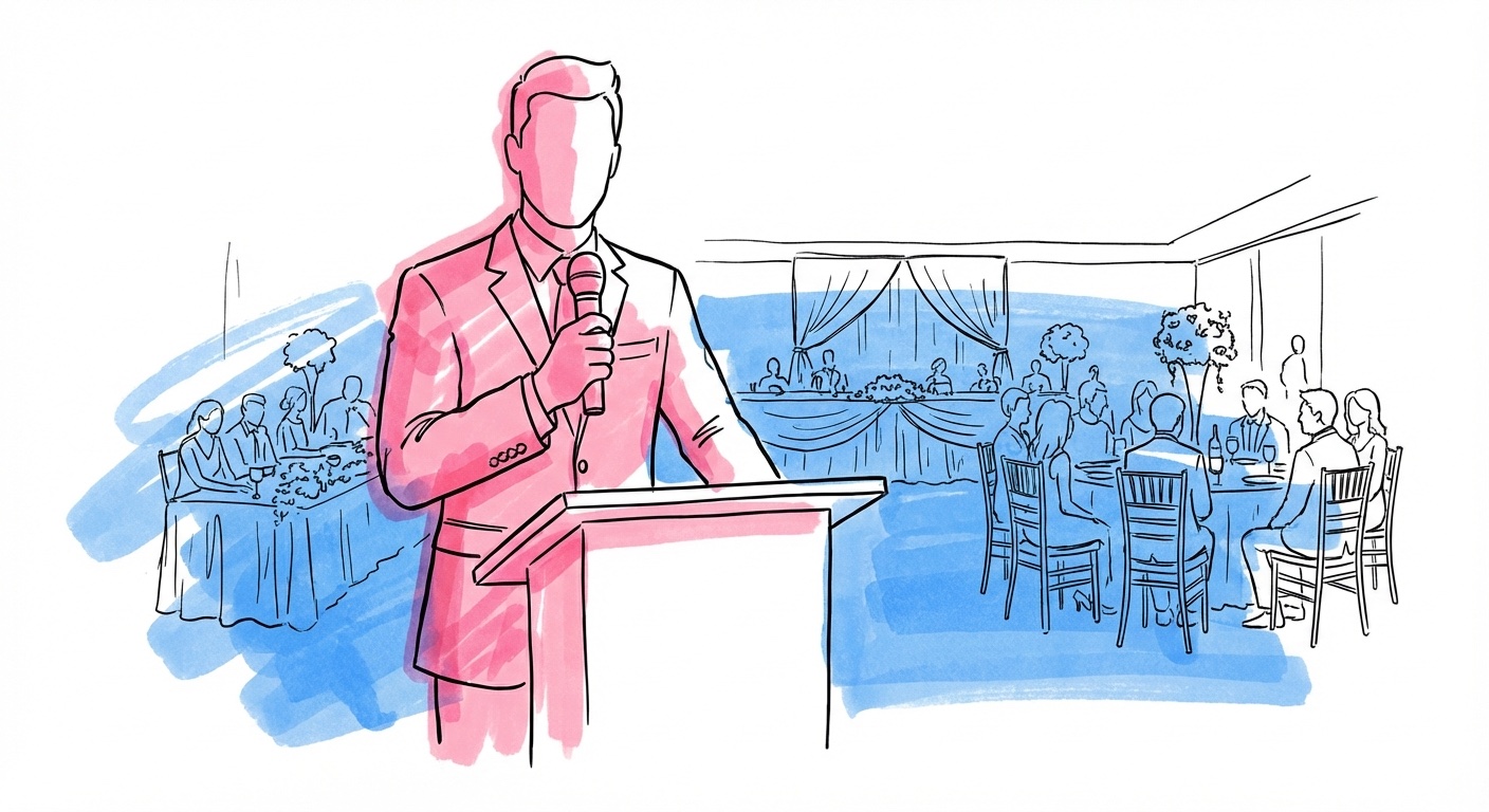 Toastmaster på bröllop som leder programmet i festlokal