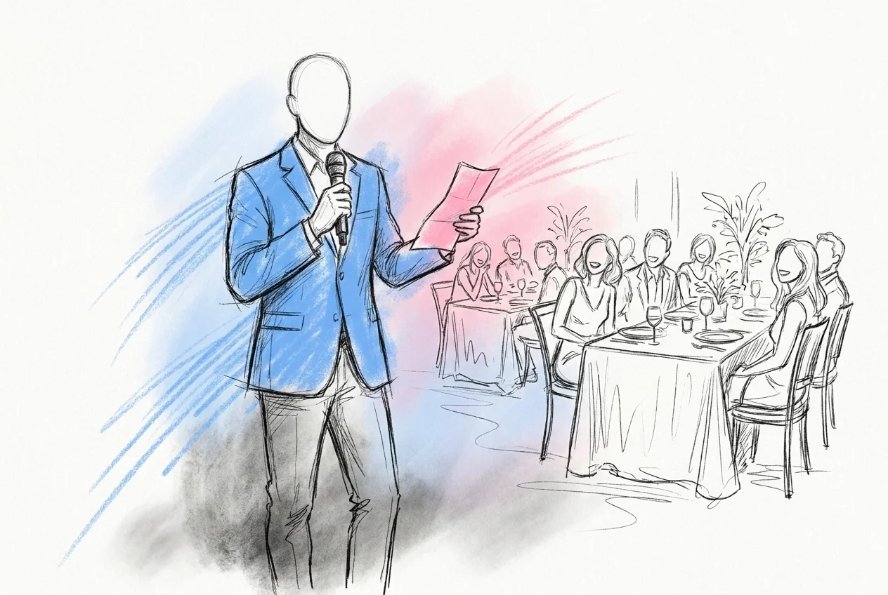 En toastmaster läser upp en ifylld tokiga-meningar-berättelse i mikrofonen framför bordsgästerna