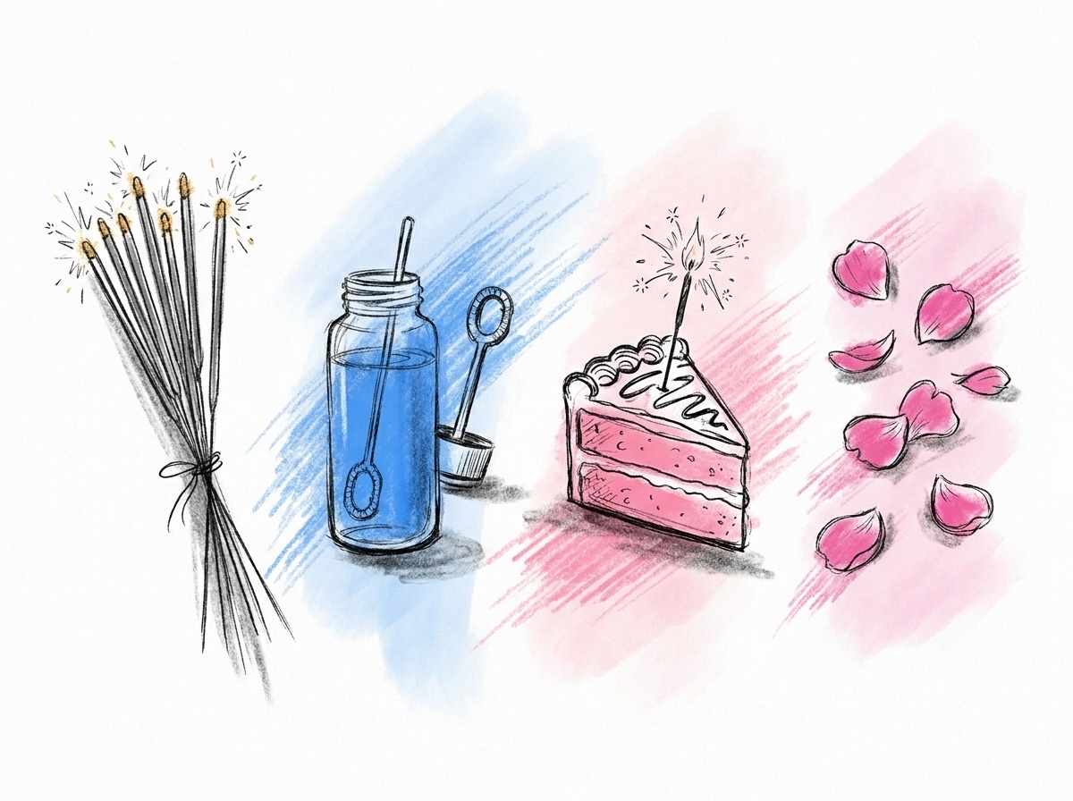 Ett knippe långa tomtebloss, en bubbelflaska med stav, en tårtbit med en liten tårtgnista och några blomblad uppställda bredvid varandra, i Lovios rosa och blå illustrationsstil