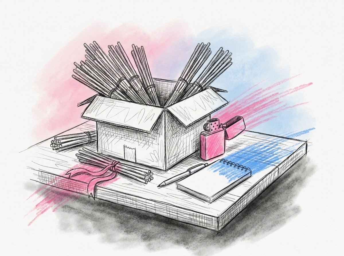 En kartong full med långa tomtebloss på ett bord, några uppdragna och sorterade i små knippen, med en tändare och ett anteckningsblock bredvid, i Lovios rosa och blå illustrationsstil