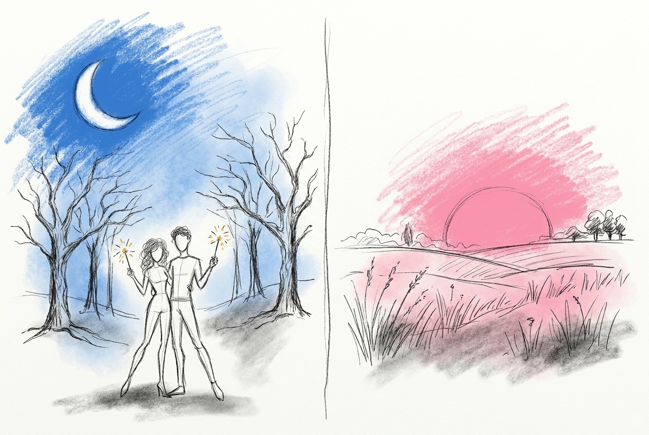 Bred scen delad i två: till vänster en vintereftermiddag i skymning med månskära och ett par med tomtebloss, till höger en ljus sommarkväll med solen högt över horisonten, i Lovios rosa och blå illustrationsstil