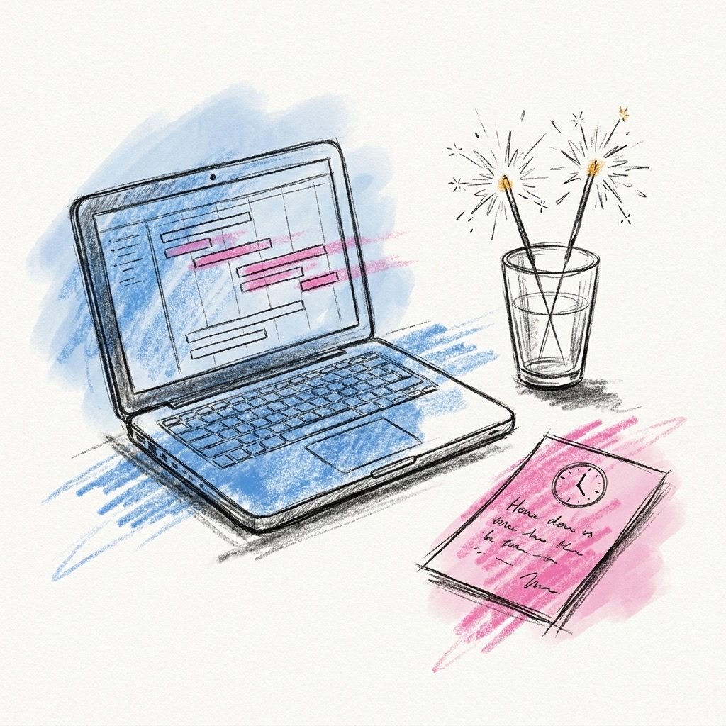 Öppen bärbar dator som visar en enkel tidslinje över kvällens programpunkter, med ett par tomtebloss i ett glas och en handskriven lapp med en klocka bredvid, i Lovios rosa och blå illustrationsstil