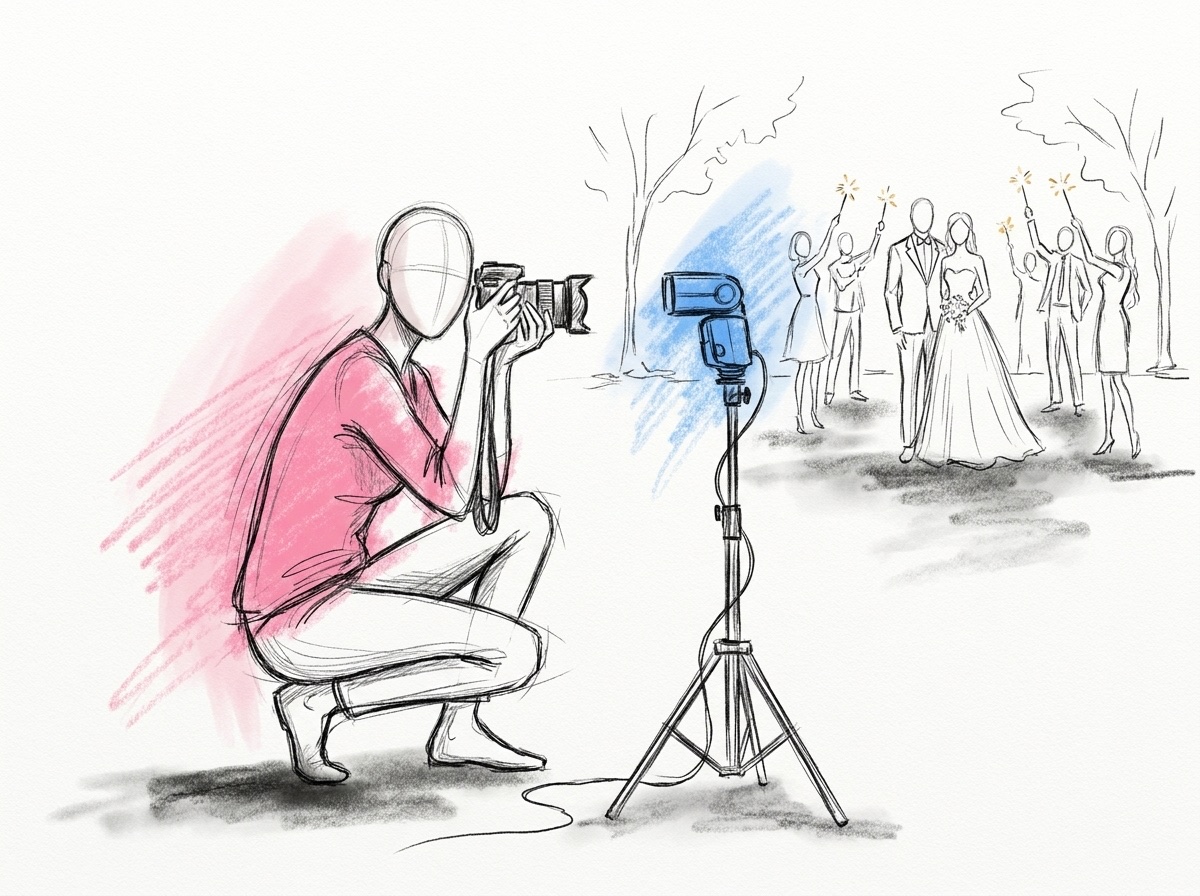 En fotograf som sitter på huk med kamera och en blixt på stativ, riktad mot ett par mellan gäster med tomtebloss i bakgrunden, i Lovios rosa och blå illustrationsstil