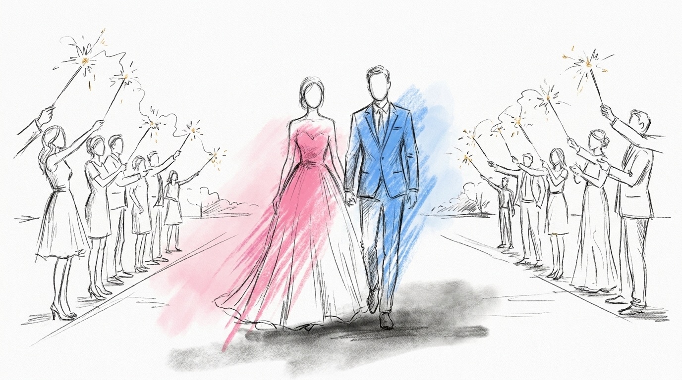Ett brudpar som går hand i hand mellan två rader gäster som håller tända tomtebloss i skymningen, med gnistor i luften, i Lovios rosa och blå illustrationsstil