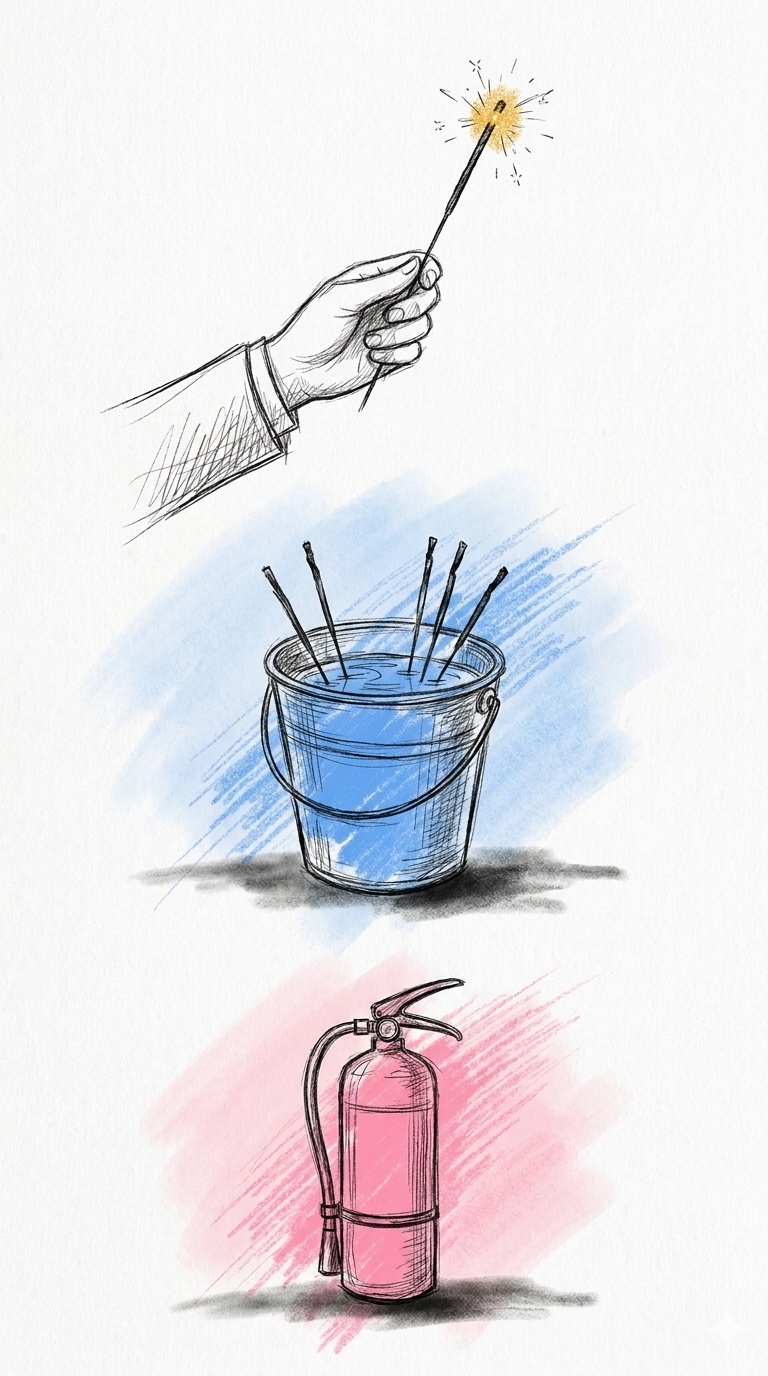 Lodrät komposition med en hand som håller ett tänt tomtebloss på armlängds avstånd överst, en hink med vatten och förbrukade tomtebloss i mitten och en liten brandsläckare längst ned, i Lovios rosa och blå illustrationsstil