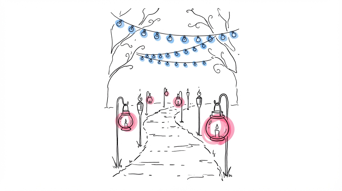 Trädgårdsgång i skymning kantad av lyktor och facklor med ljusslingor mellan träden