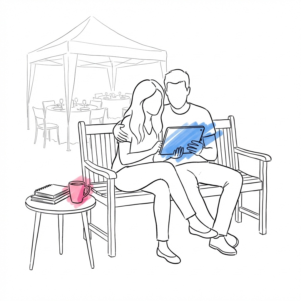 Par planerar bröllop tillsammans på en surfplatta i trädgården