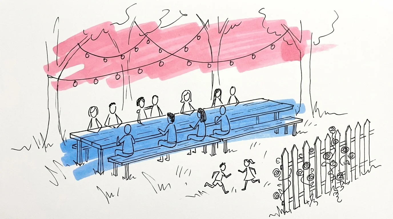 Gäster vid ett dukat långbord under ljusslingor i en sommarträdgård