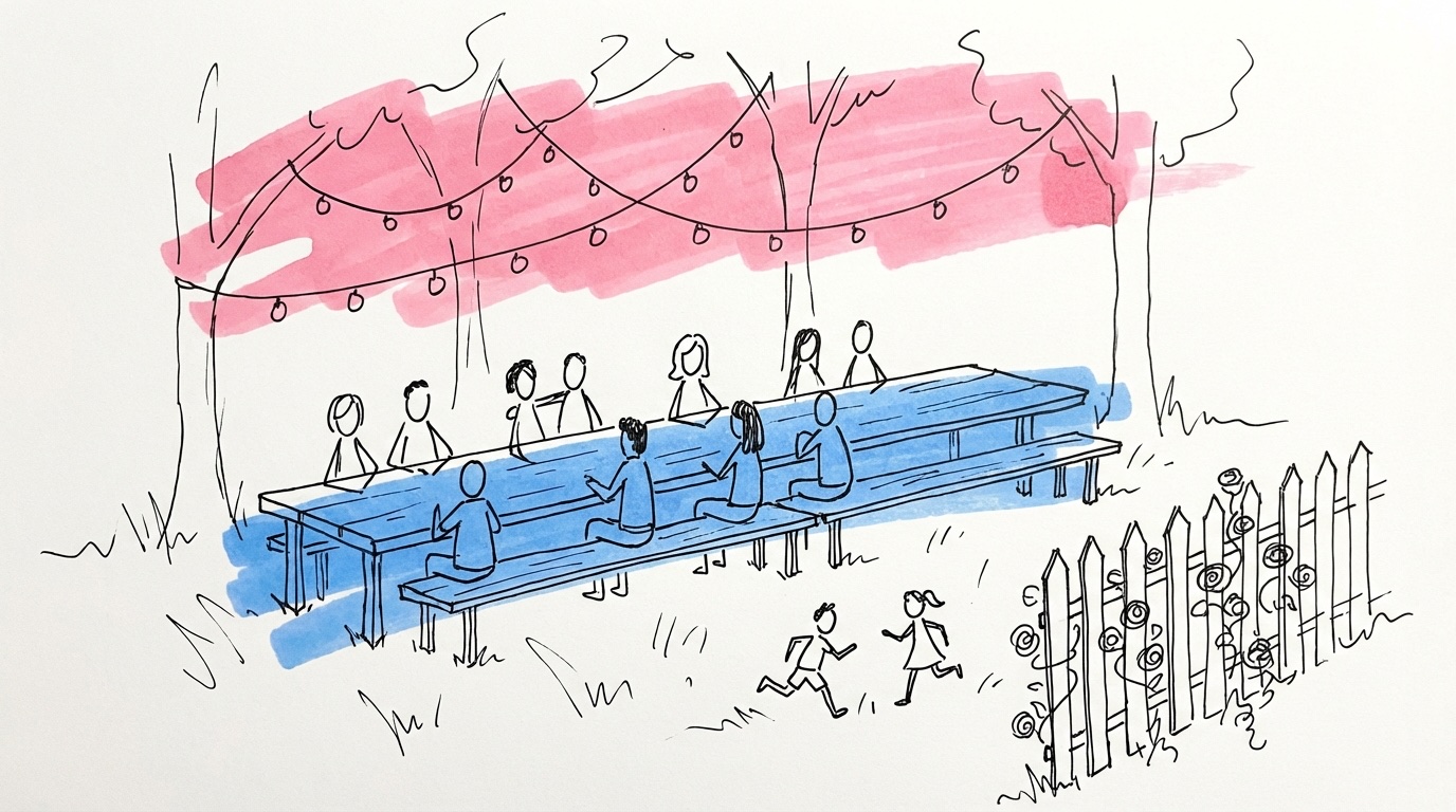 Gäster vid ett dukat långbord under ljusslingor i en sommarträdgård