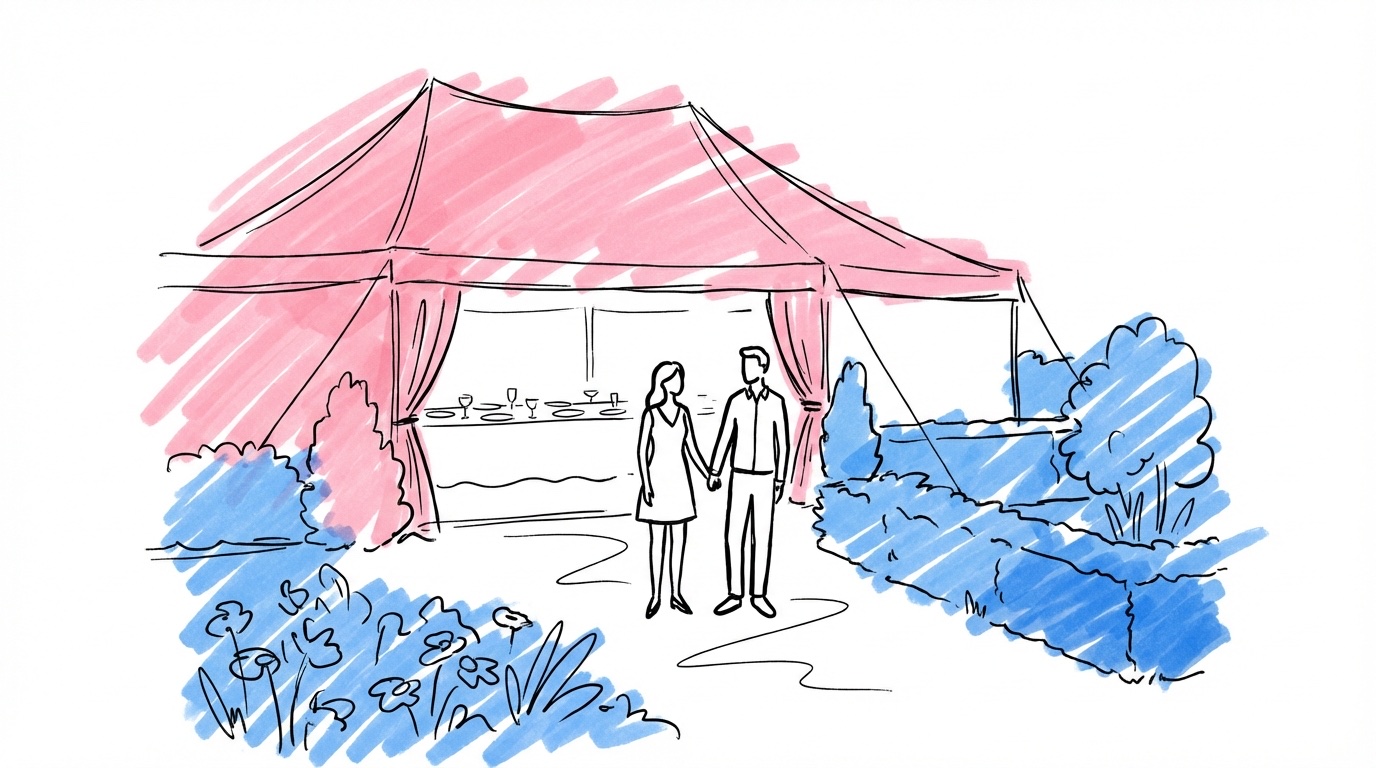 Trädgårdsbröllop — ett par i en svensk trädgård med partytält och dukat långbord i kvällsljus