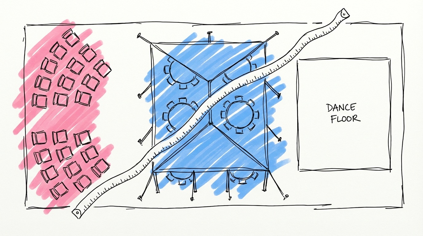 Fågelperspektiv av en trädgård indelad i zoner — ceremoni, middag och dans