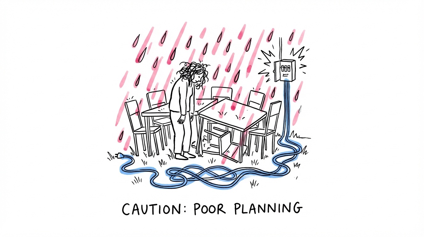 Stressad person i en trång trädgård med hopträngda möbler och regn som börjar falla