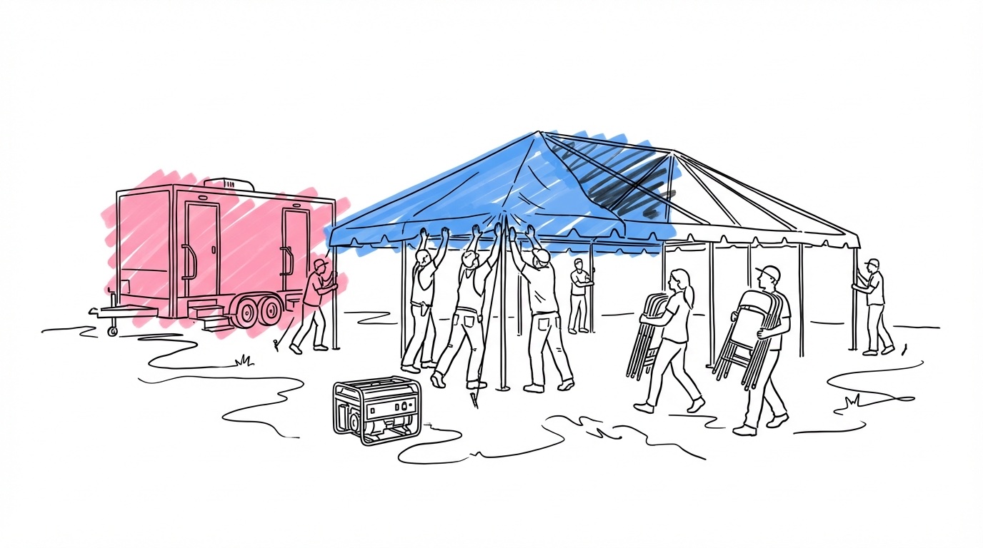 Arbetare reser ett partytält i en trädgård med generator och toalettvagn i bakgrunden