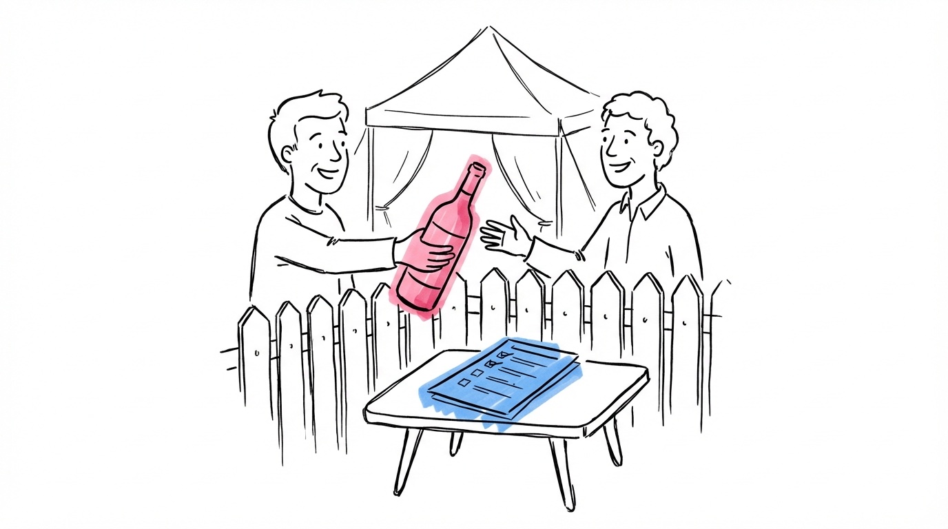 Person räcker en vinflaska över ett trädgårdsstaket till en leende granne, med tält i bakgrunden