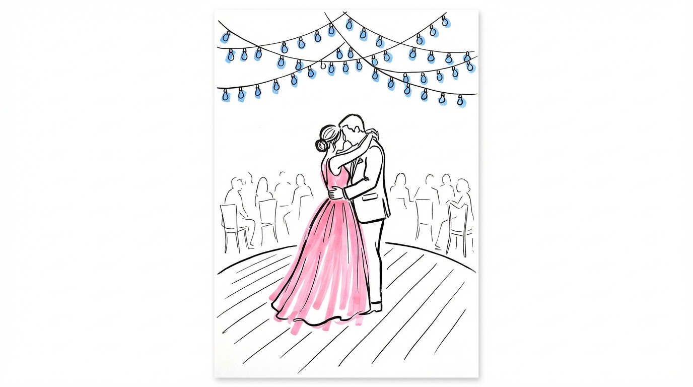 Brudpar dansar sin första dans omgivna av gäster i en ring med ljusslingor ovanför