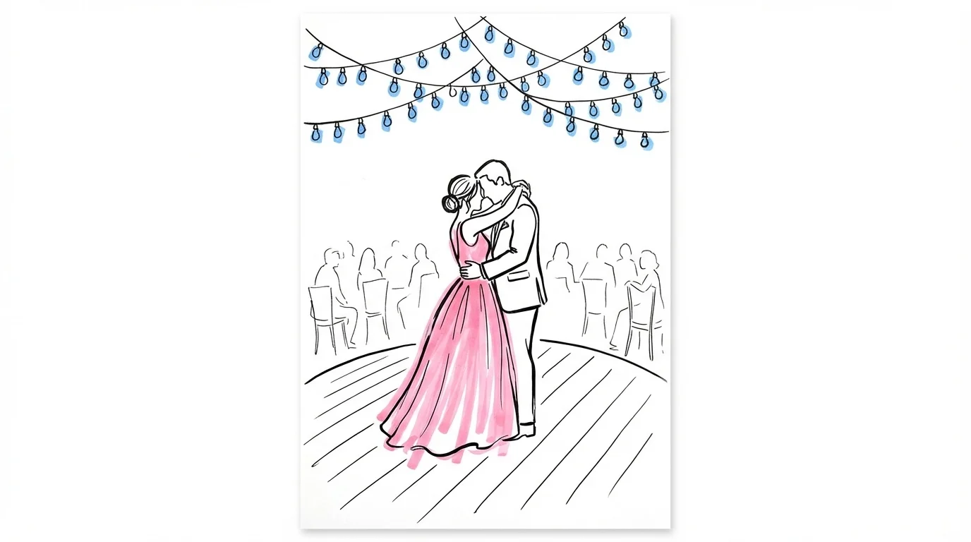 Brudpar dansar sin första dans omgivna av gäster i en ring med ljusslingor, i Lovios rosa och blå illustrationsstil