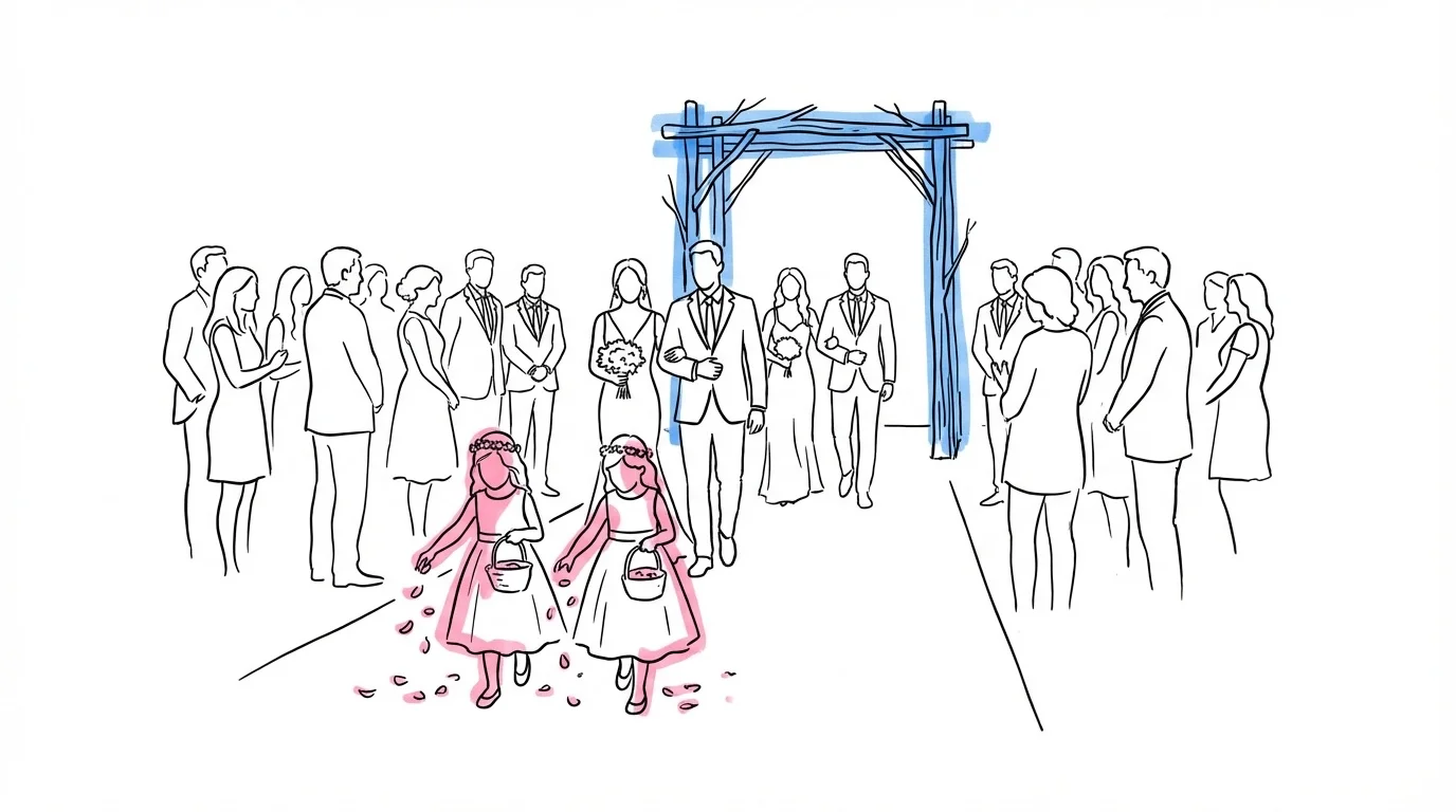Bröllopsprocession — brudpar går in tillsammans med brudnäbbar som strör kronblad, i Lovios rosa och blå illustrationsstil