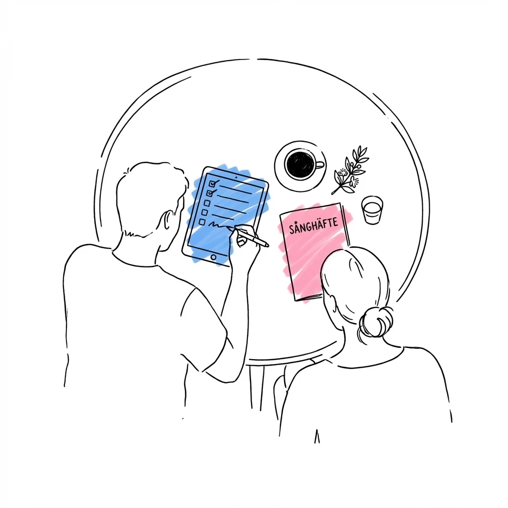 Par som planerar svenska bröllopstraditioner tillsammans med Lovios verktyg, i Lovios rosa och blå illustrationsstil
